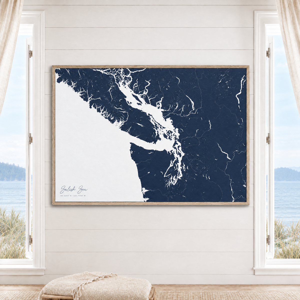 Salish Sea horizontal canvas map in Navy, window interior