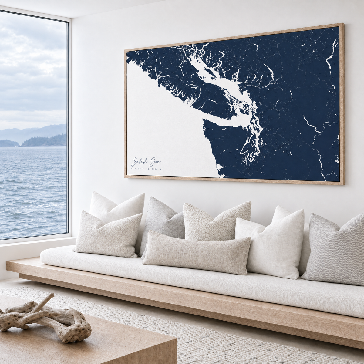 Salish Sea horizontal canvas map in Navy, bench beside a water view