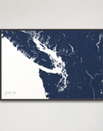 Salish Sea horizontal canvas map, Navy, Black Frame