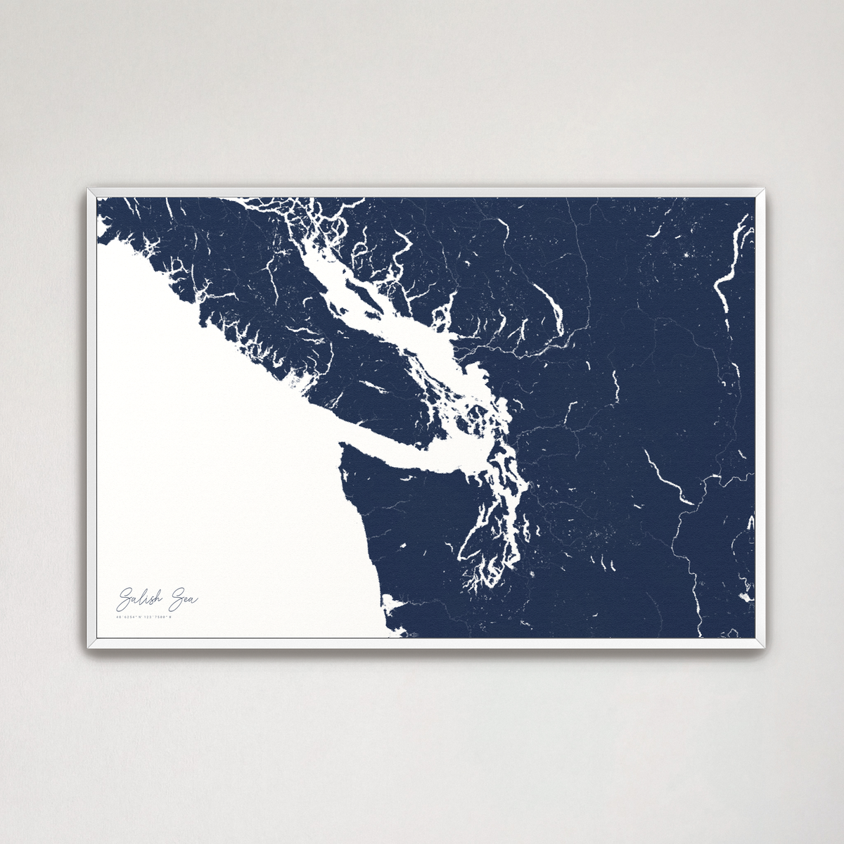 Salish Sea horizontal canvas map, Navy, White Frame