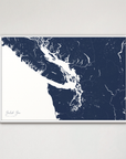 Salish Sea horizontal canvas map, Navy, White Frame