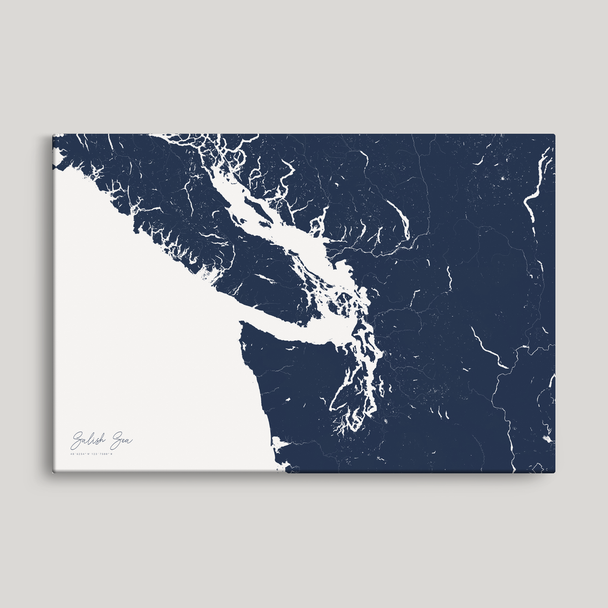 Salish Sea horizontal canvas map, Navy, No Frame