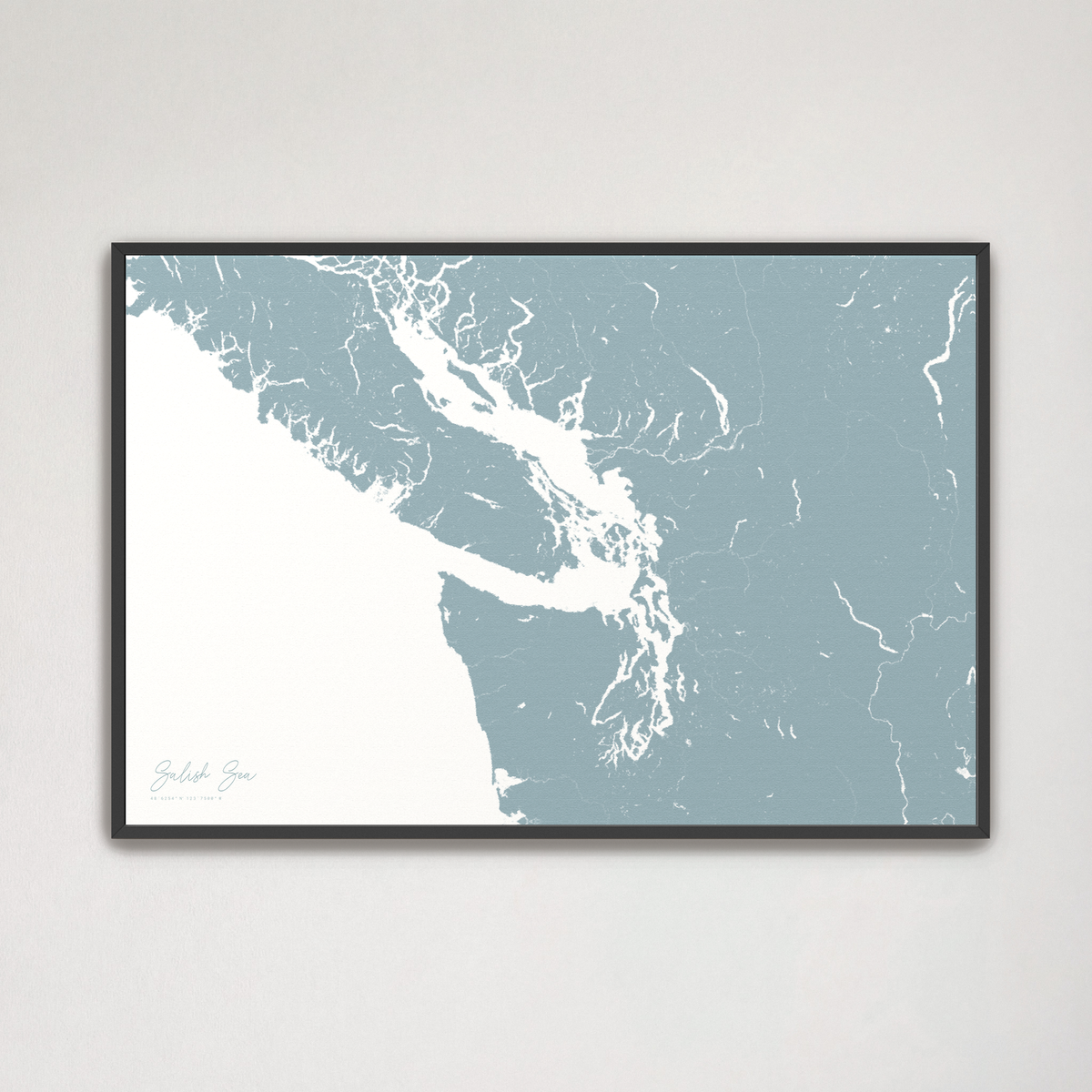 Salish Sea horizontal canvas map, Soft Blue, Black Frame