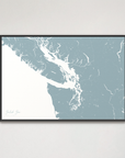 Salish Sea horizontal canvas map, Soft Blue, Black Frame