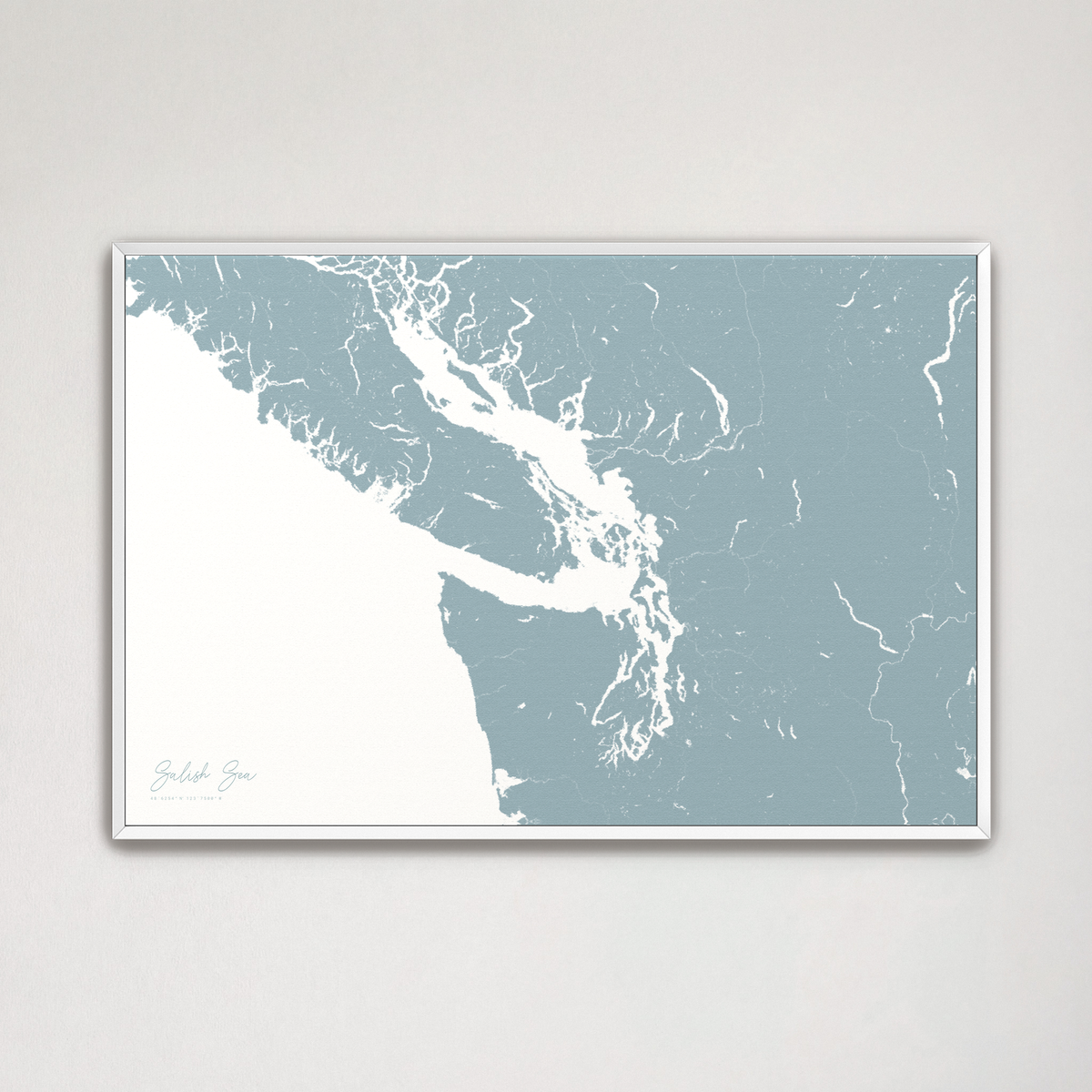 Salish Sea horizontal canvas map, Soft Blue, White Frame
