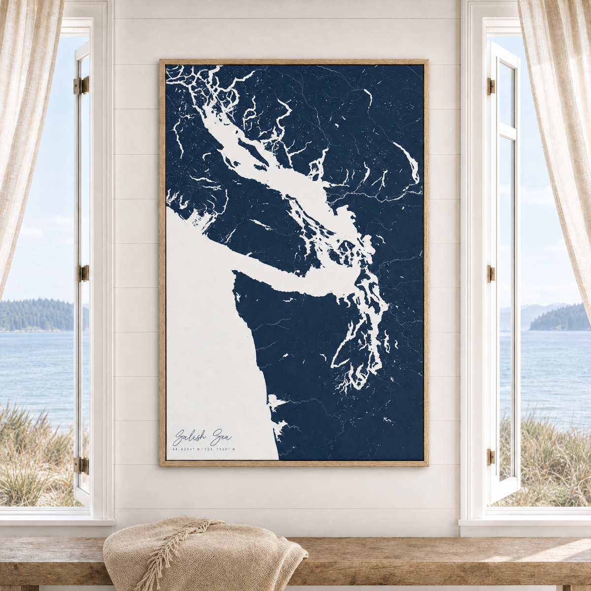 Salish Sea vertical canvas map in Navy, window interior