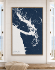 Salish Sea vertical canvas map in Navy, window interior