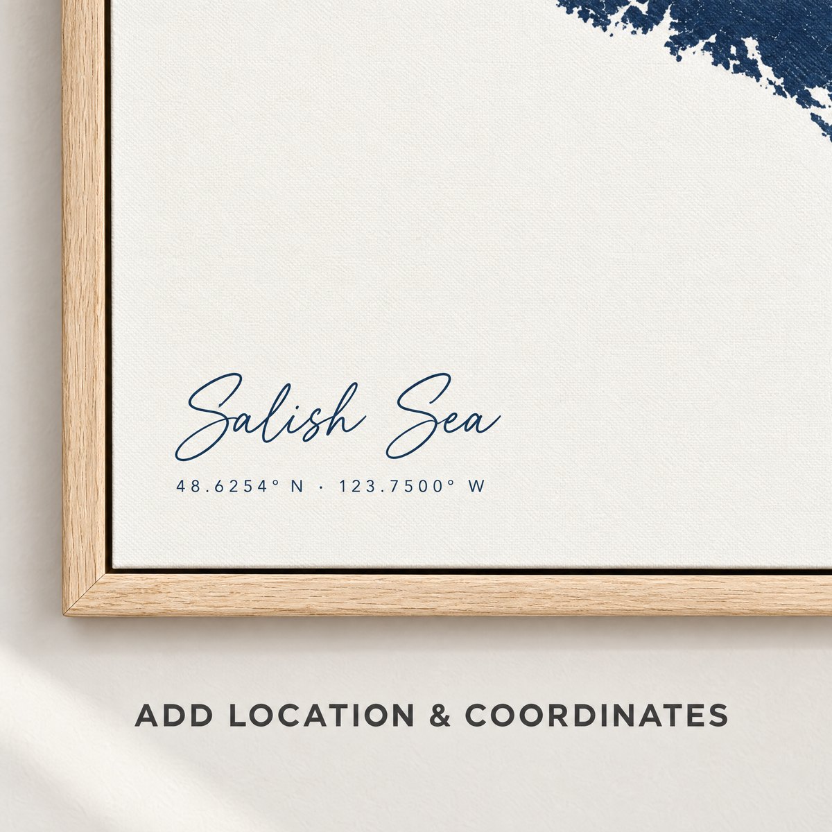 Salish Sea vertical canvas map in Navy, location and coordinates detail