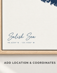 Salish Sea vertical canvas map in Navy, location and coordinates detail