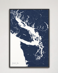 Salish Sea vertical canvas map, Navy, Black Frame