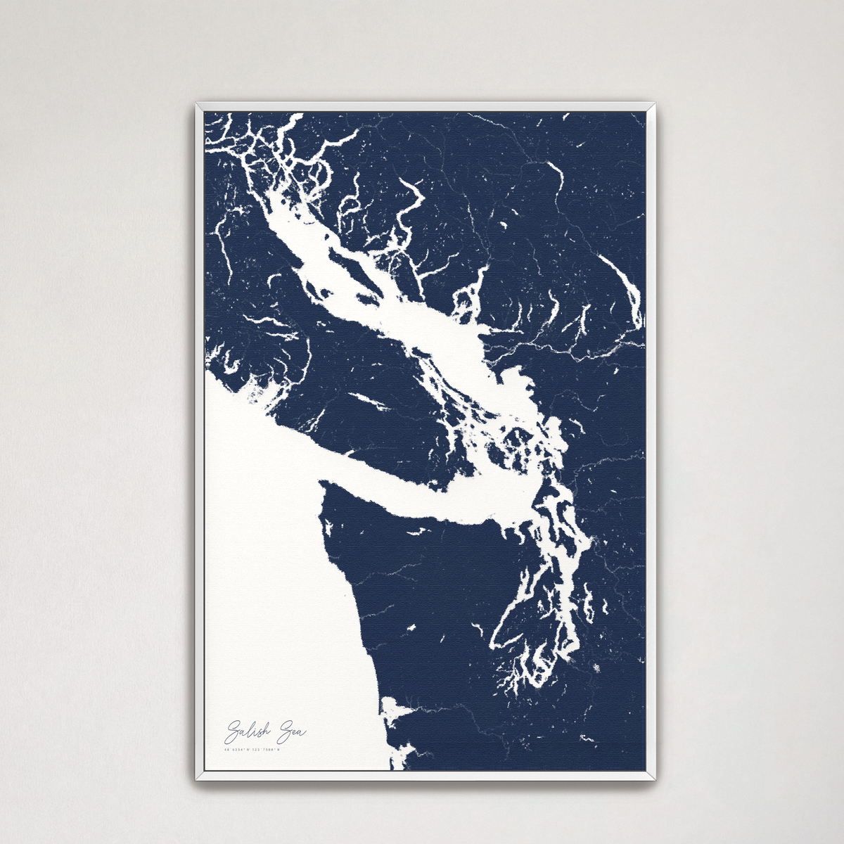 Salish Sea vertical canvas map, Navy, White Frame