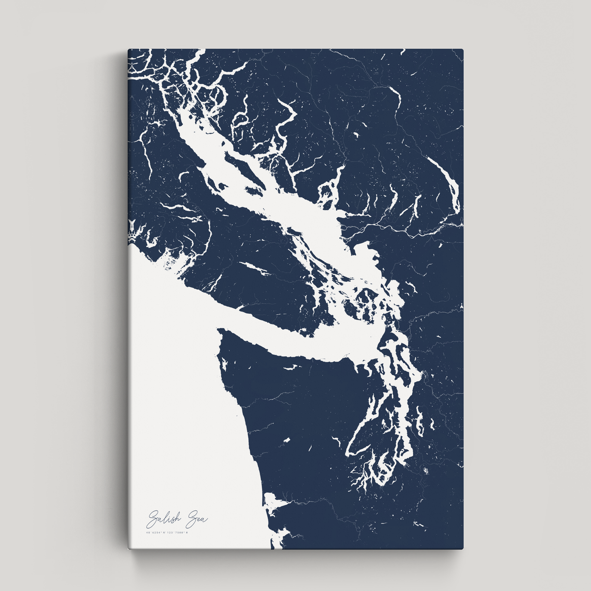 Salish Sea vertical canvas map, Navy, No Frame
