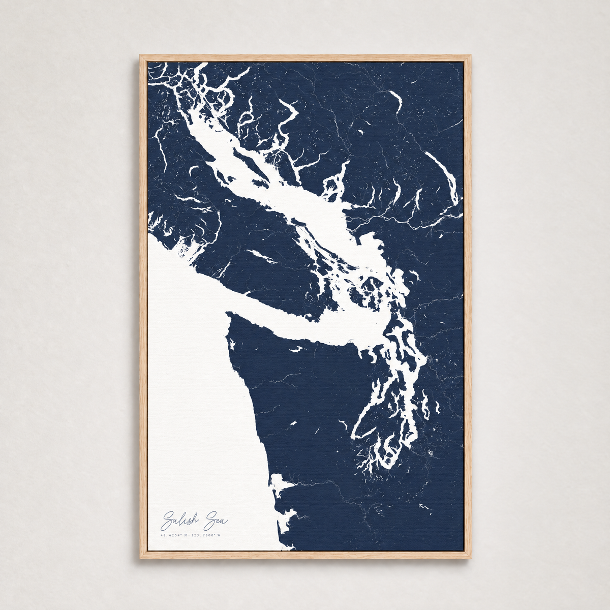 Salish Sea vertical canvas map, Navy, Light Wood