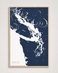 Salish Sea vertical canvas map, Navy, Light Wood