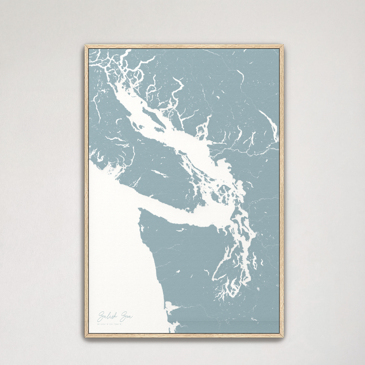 Salish Sea vertical canvas map, Soft Blue, Natural Oak