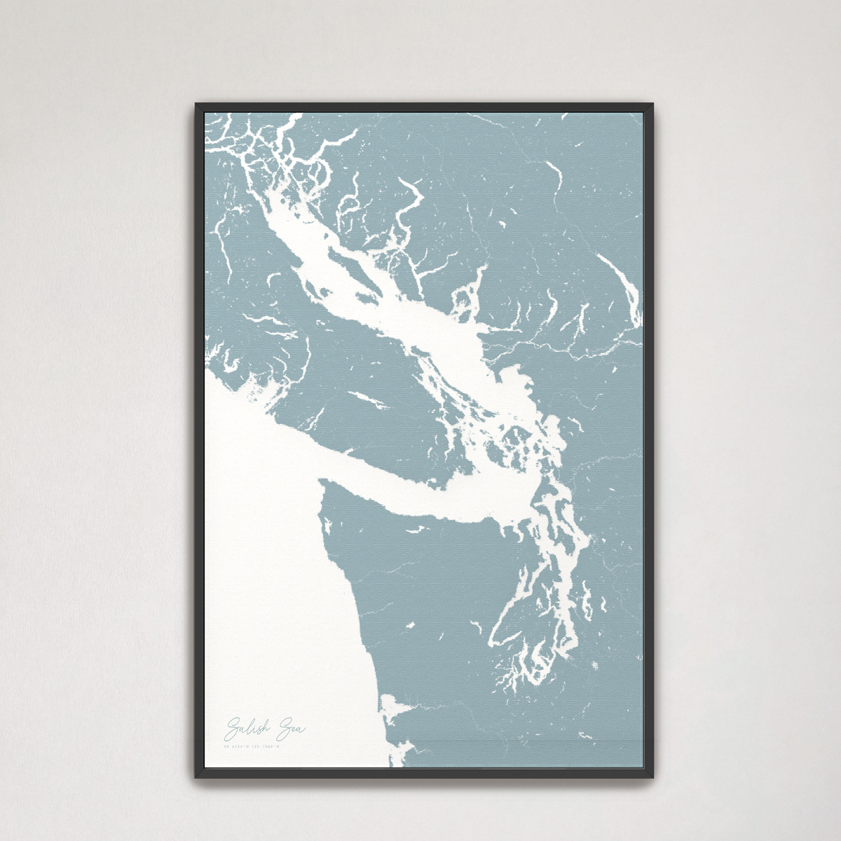 Salish Sea vertical canvas map, Soft Blue, Black Frame