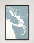 Salish Sea vertical canvas map, Soft Blue, Black Frame