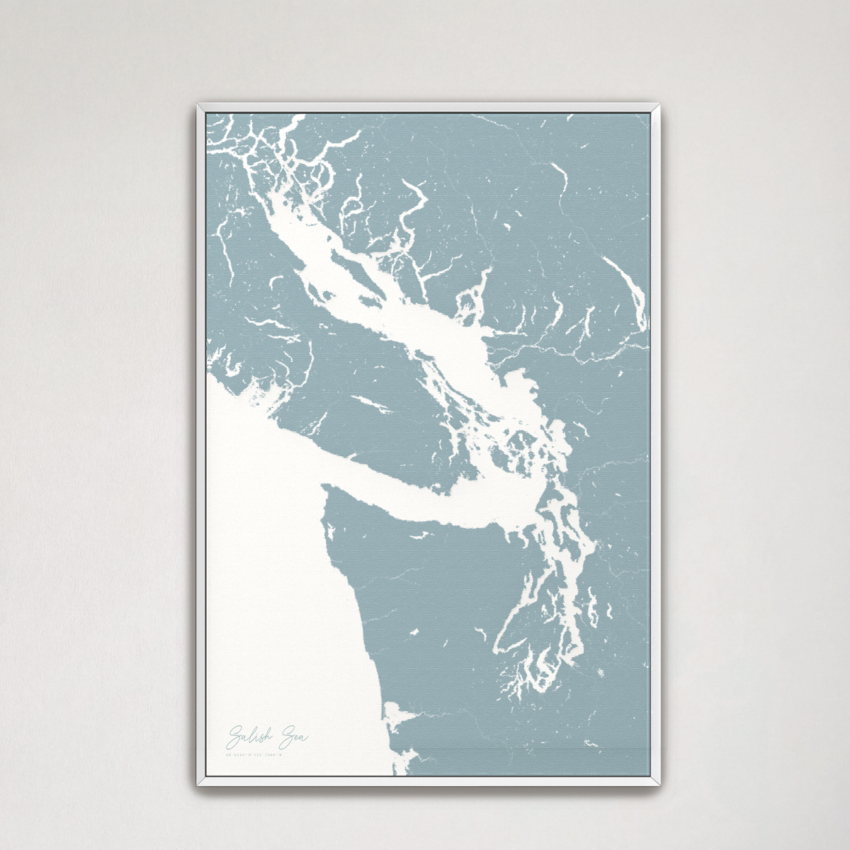 Salish Sea vertical canvas map, Soft Blue, White Frame