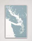 Salish Sea vertical canvas map, Soft Blue, White Frame