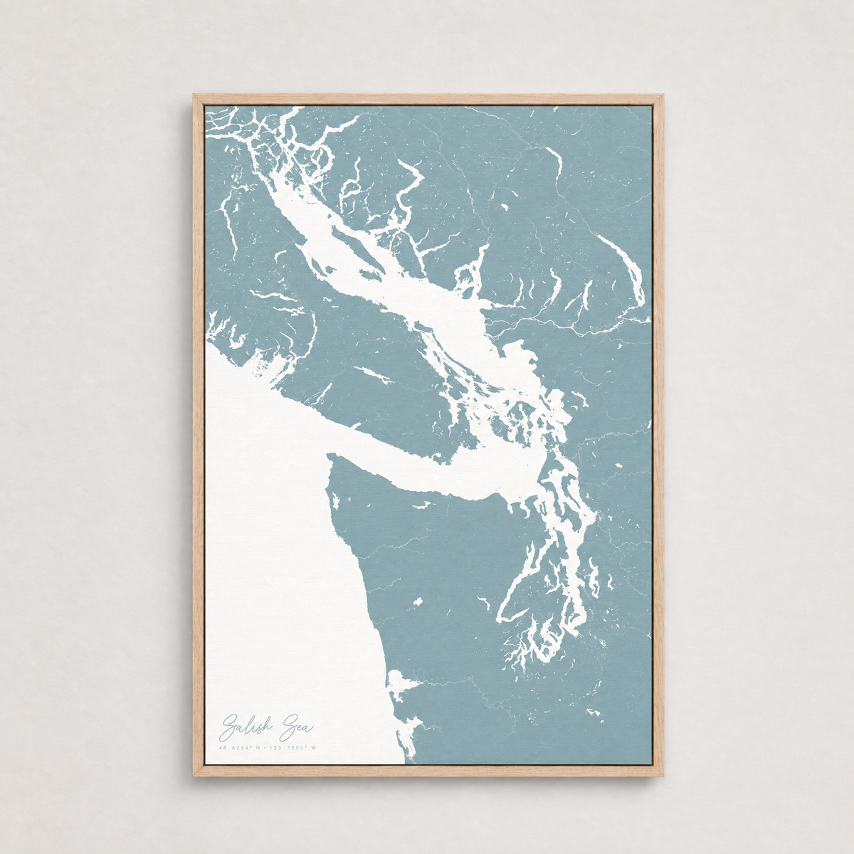 Salish Sea vertical canvas map, Soft Blue, Light Wood