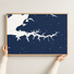 Sassafras River horizontal canvas map in Navy, hands holding an oak-framed canvas