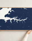 Sassafras River horizontal canvas map in Navy, hands holding an oak-framed canvas