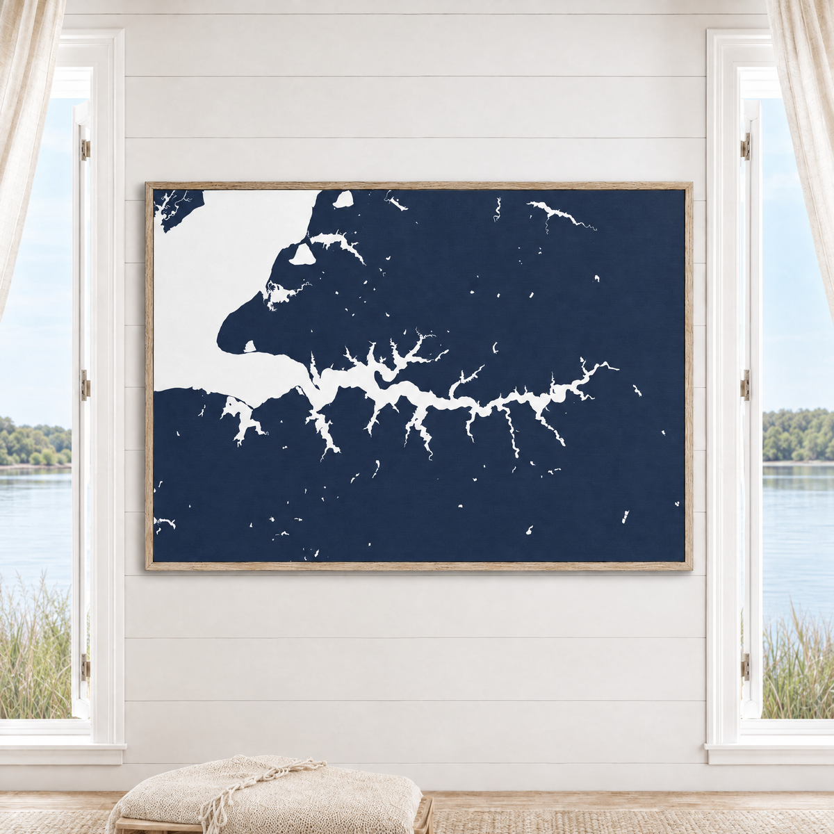 Sassafras River horizontal canvas map in Navy, window interior