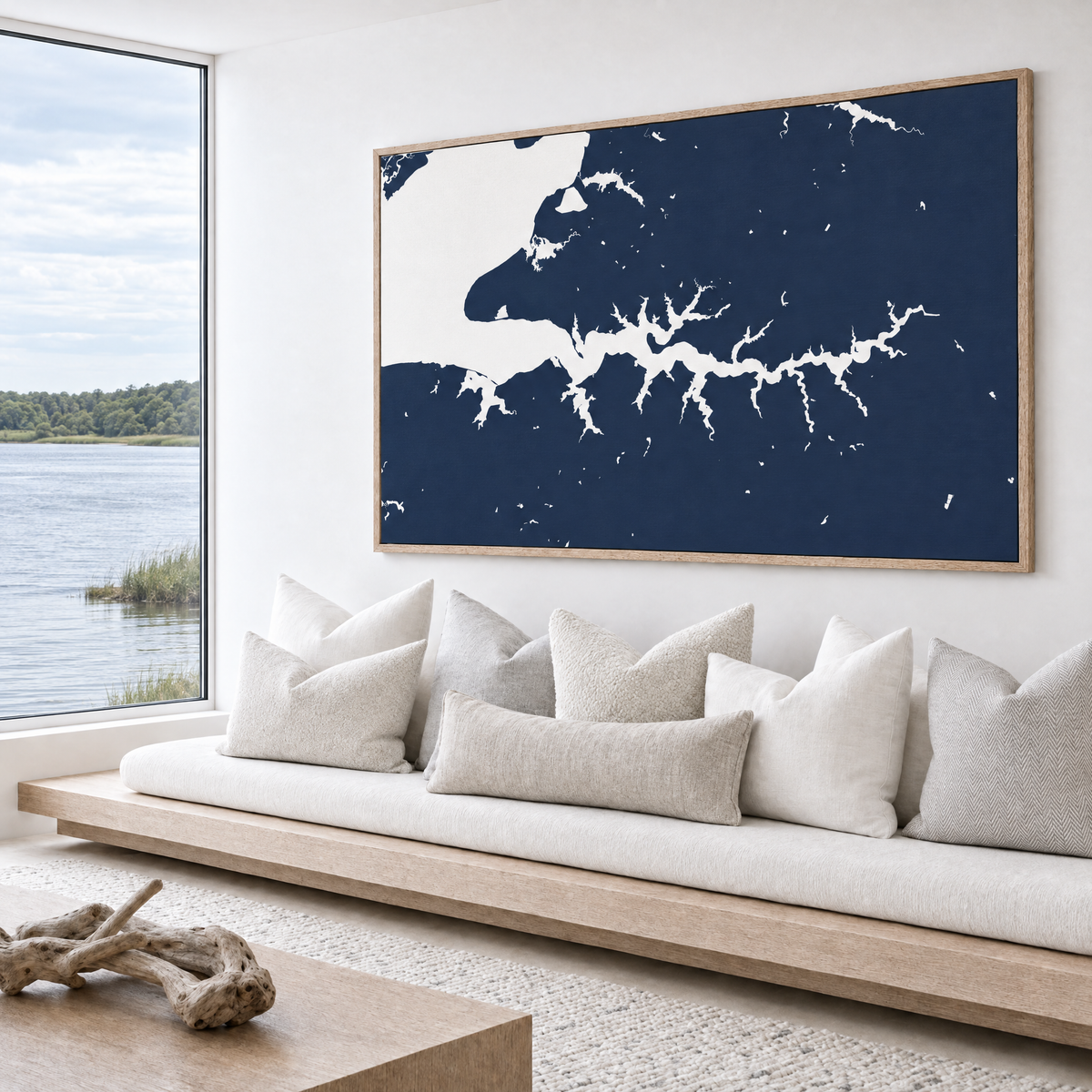 Sassafras River horizontal canvas map in Navy, bench beside a water view