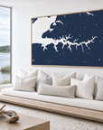 Sassafras River horizontal canvas map in Navy, bench beside a water view