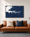 Sassafras River horizontal canvas map in Navy, black-framed canvas above a sofa