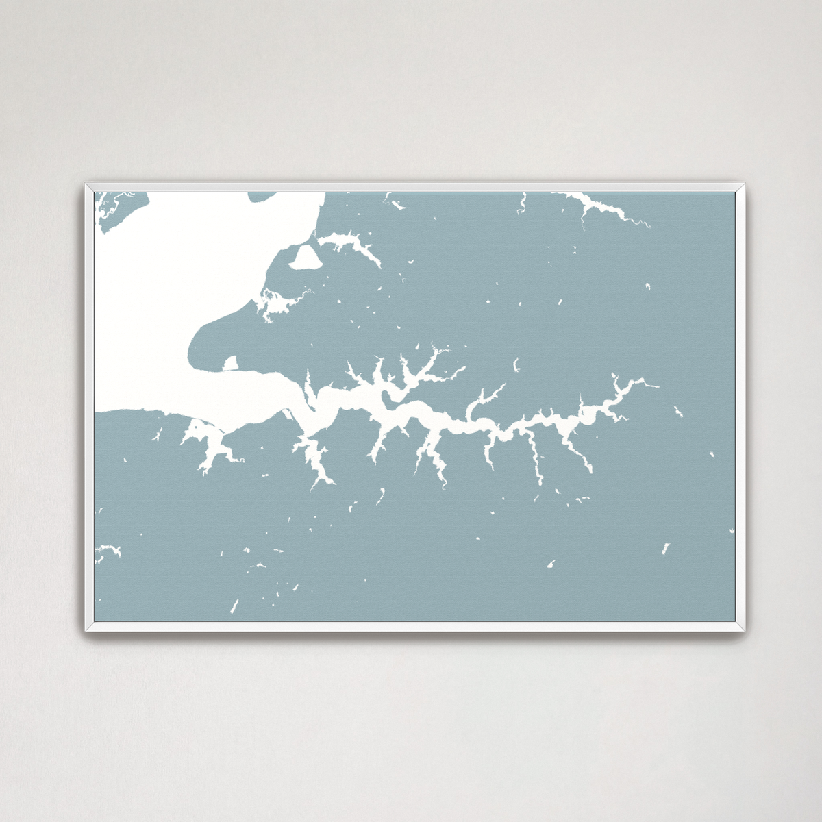 Sassafras River horizontal canvas map, Soft Blue, White Frame