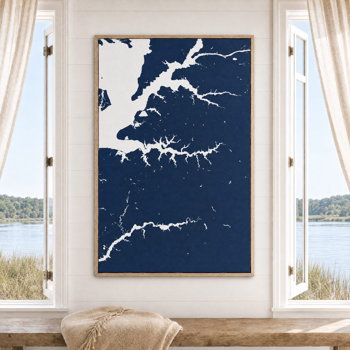 Sassafras River vertical canvas map in Navy, window interior