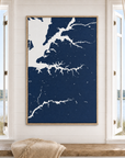 Sassafras River vertical canvas map in Navy, window interior