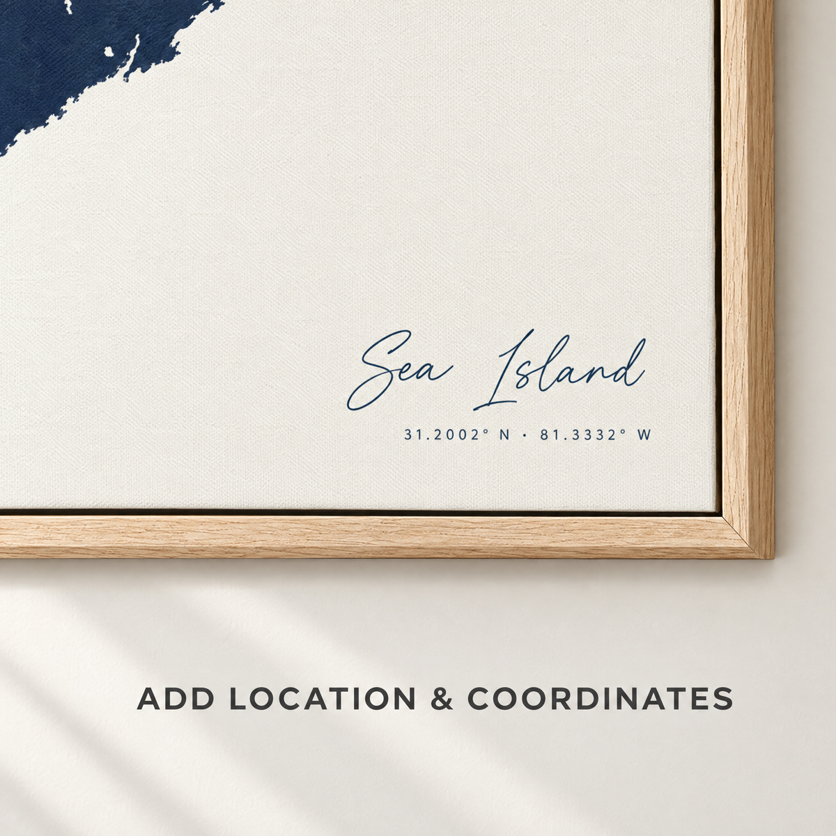 Sea Island horizontal canvas map in Navy, location and coordinates detail