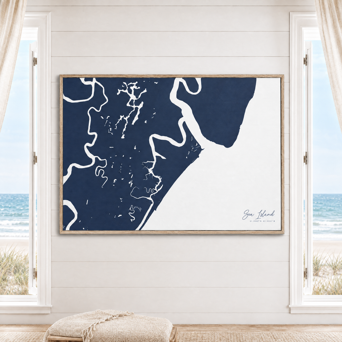 Sea Island horizontal canvas map in Navy, window interior