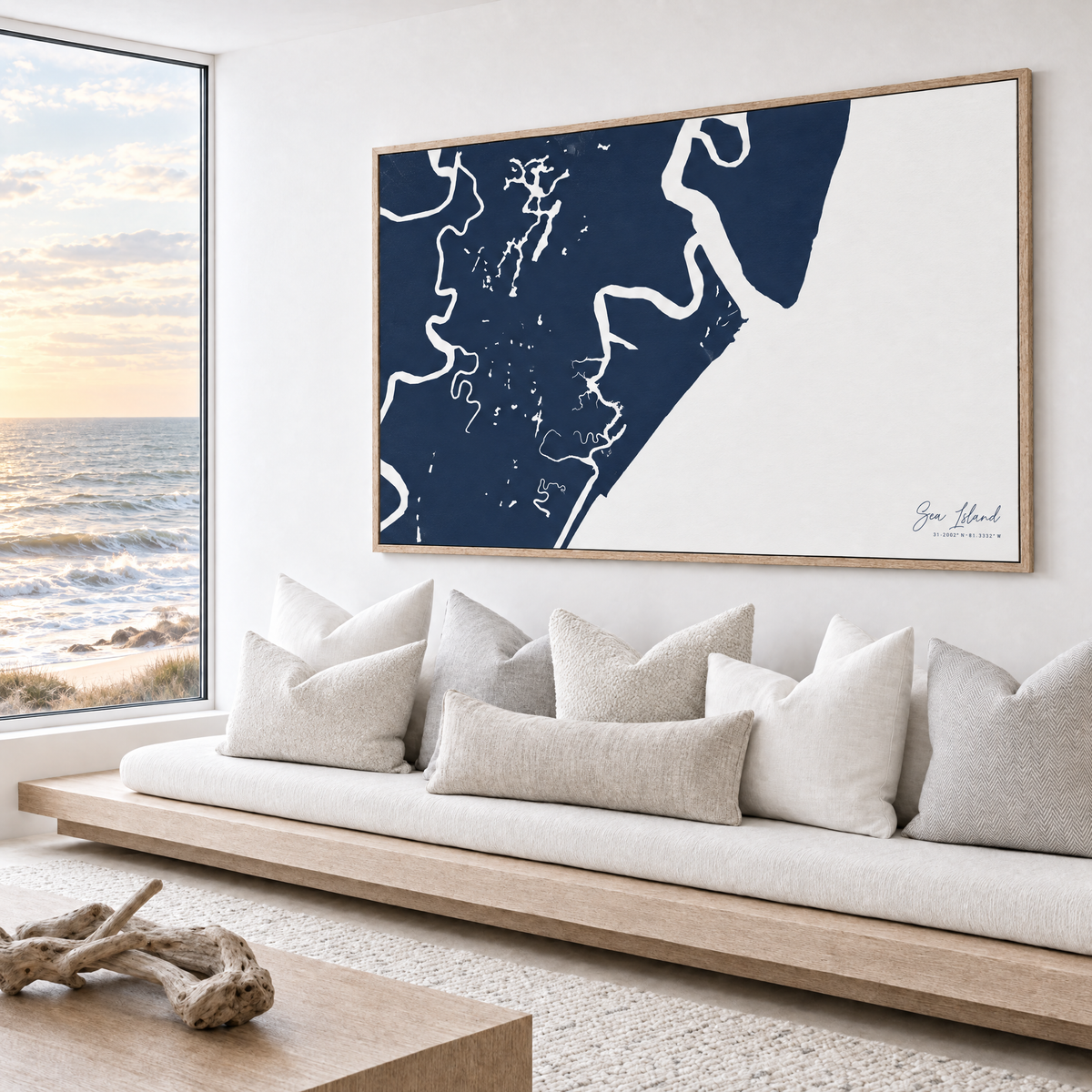 Sea Island horizontal canvas map in Navy, bench beside a water view