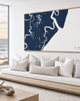 Sea Island horizontal canvas map in Navy, bench beside a water view