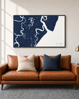 Sea Island horizontal canvas map in Navy, black-framed canvas above a sofa