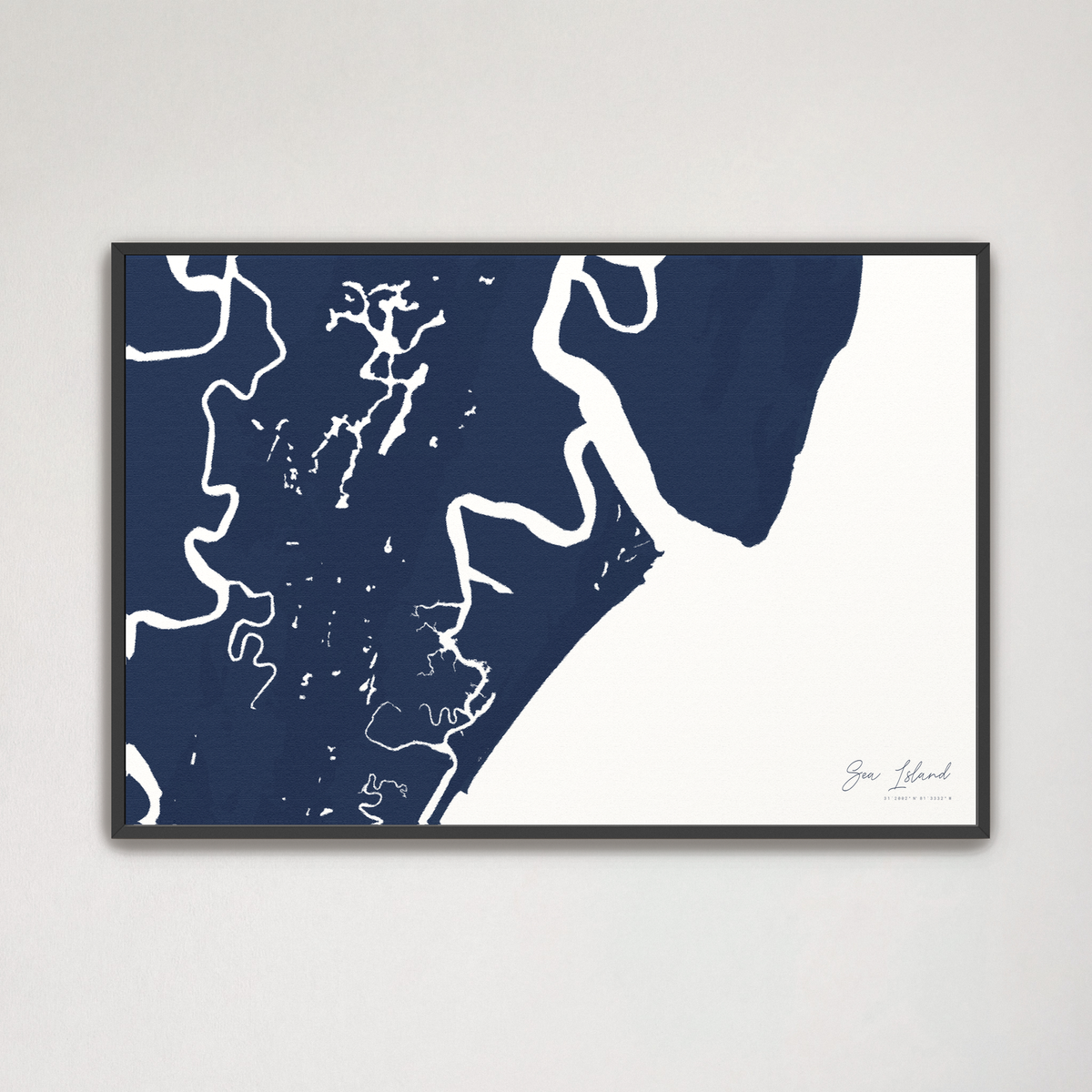 Sea Island horizontal canvas map, Navy, Black Frame