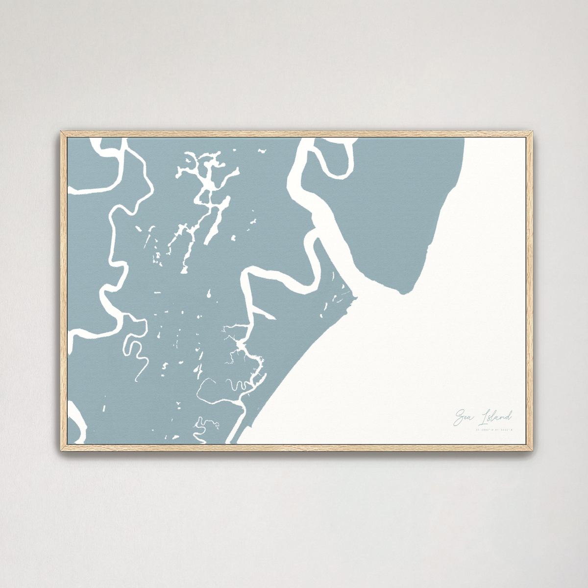 Sea Island horizontal canvas map, Soft Blue, Natural Oak