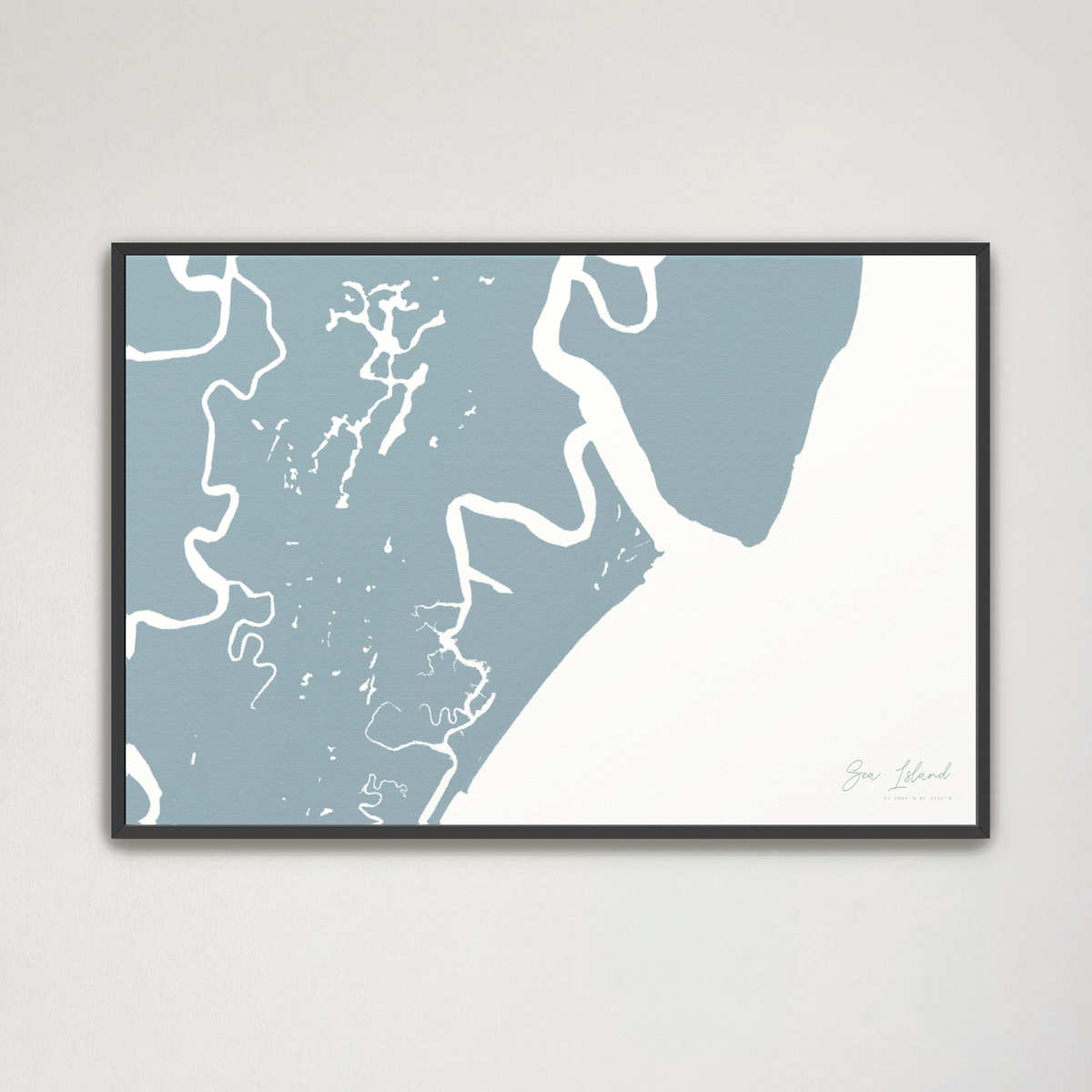 Sea Island horizontal canvas map, Soft Blue, Black Frame