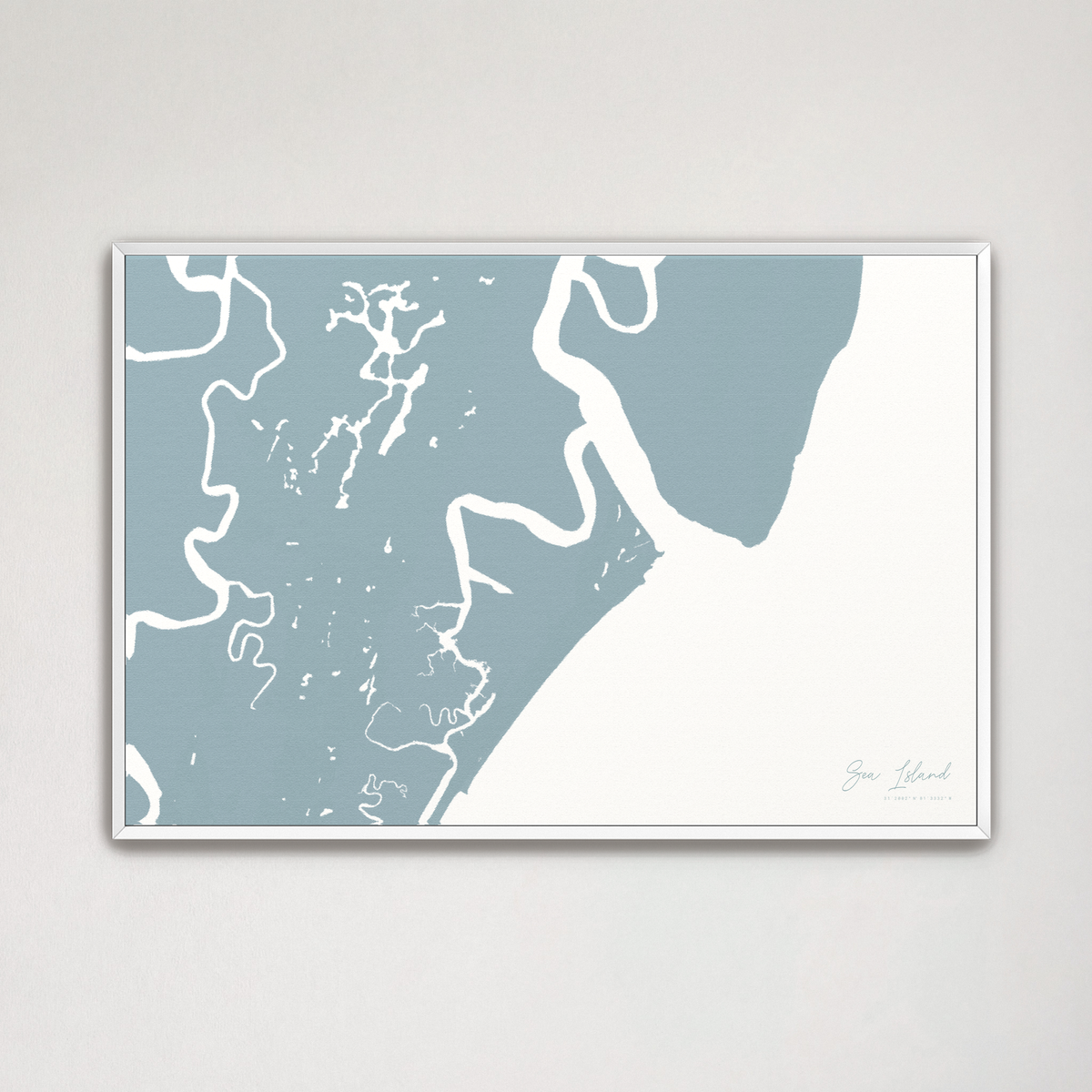 Sea Island horizontal canvas map, Soft Blue, White Frame