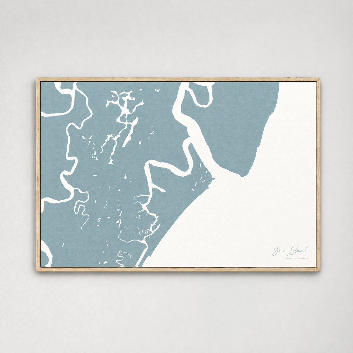 Sea Island horizontal canvas map, Soft Blue, Light Wood