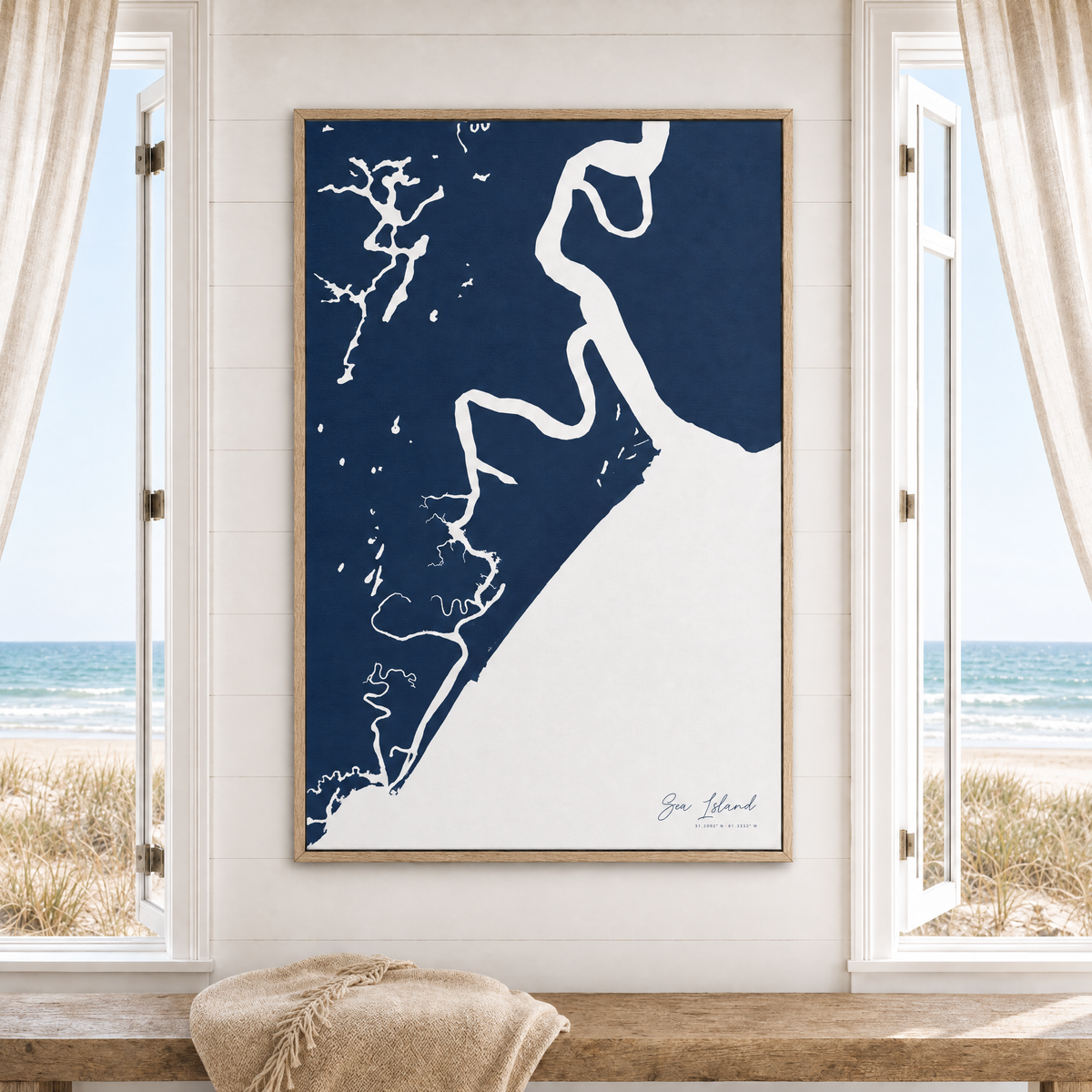 Sea Island vertical canvas map in Navy, window interior