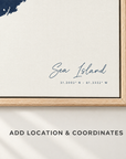 Sea Island vertical canvas map in Navy, location and coordinates detail