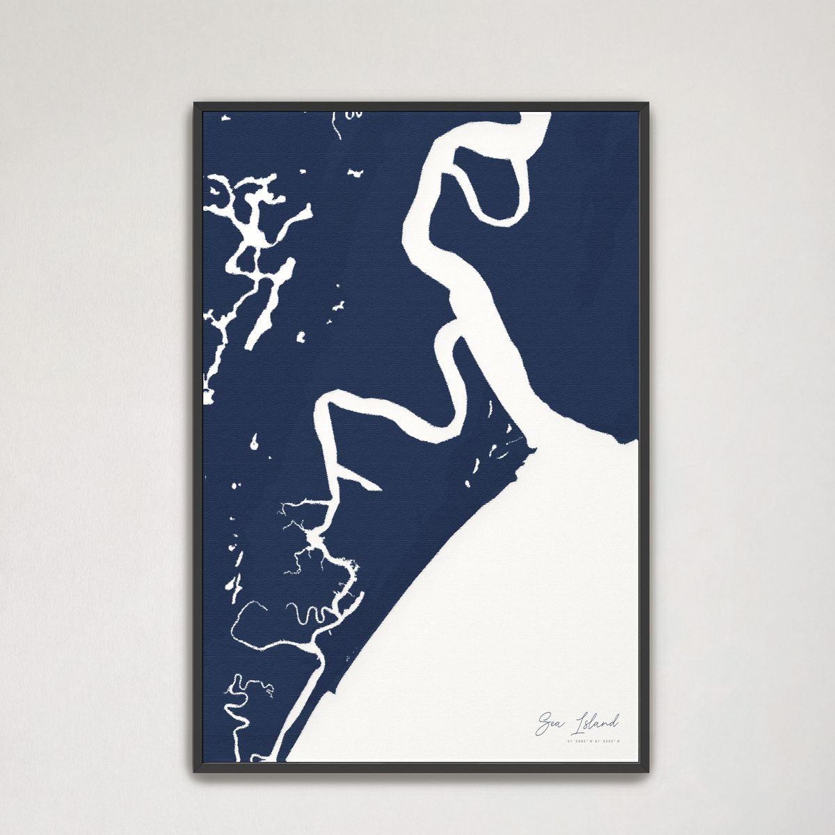 Sea Island vertical canvas map, Navy, Black Frame