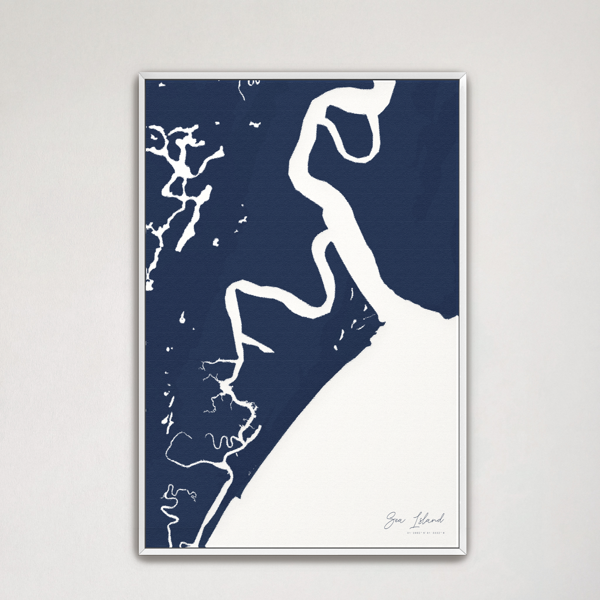 Sea Island vertical canvas map, Navy, White Frame