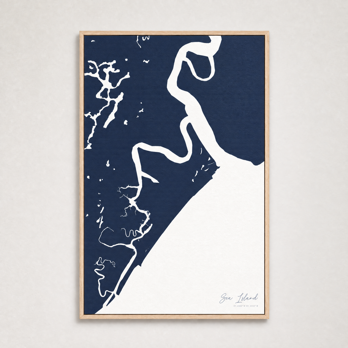Sea Island vertical canvas map, Navy, Light Wood