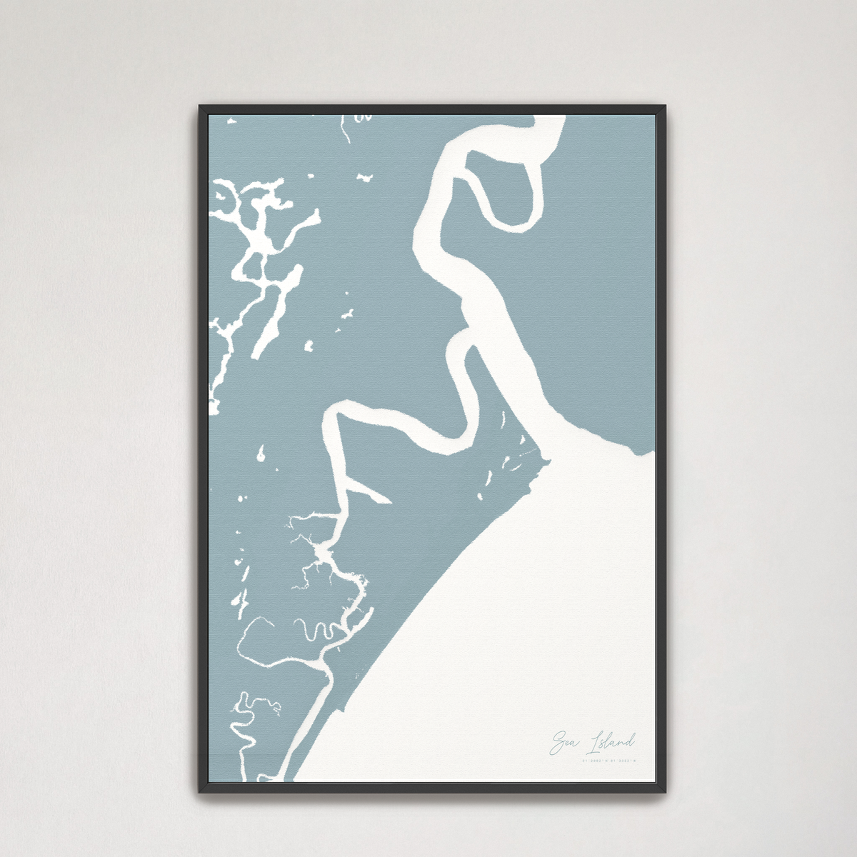 Sea Island vertical canvas map, Soft Blue, Black Frame