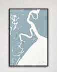 Sea Island vertical canvas map, Soft Blue, Black Frame